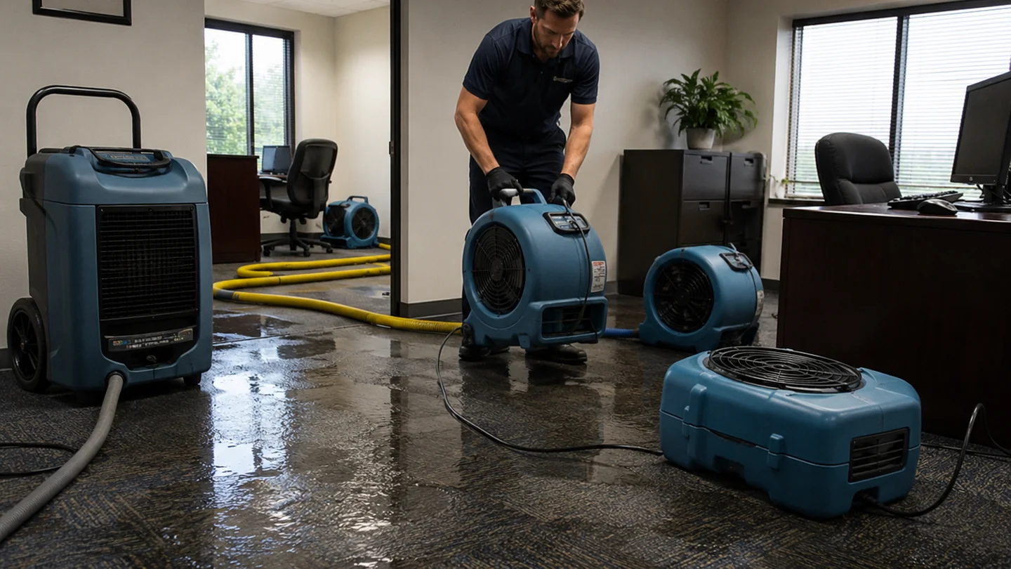 Commercial water damage drying with air movers and dehumidification equipment