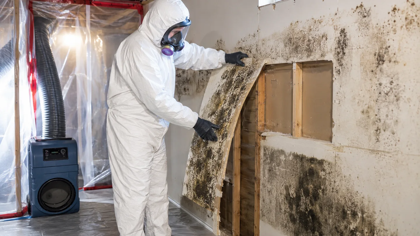 Restoration professionals cleaning smoke and soot damage in a commercial interior