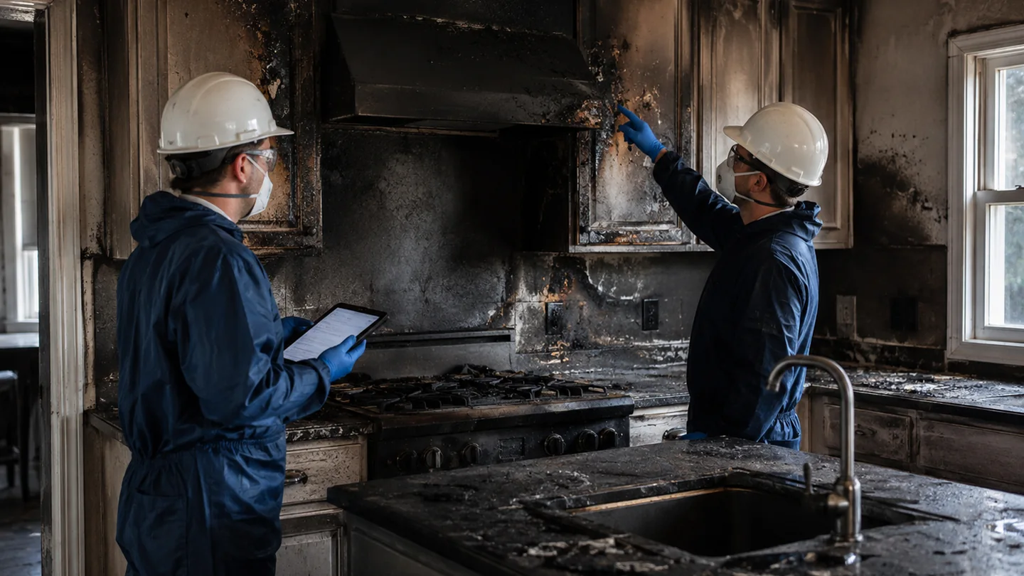 Restoration professionals assessing soot and fire damage in a residential kitchen