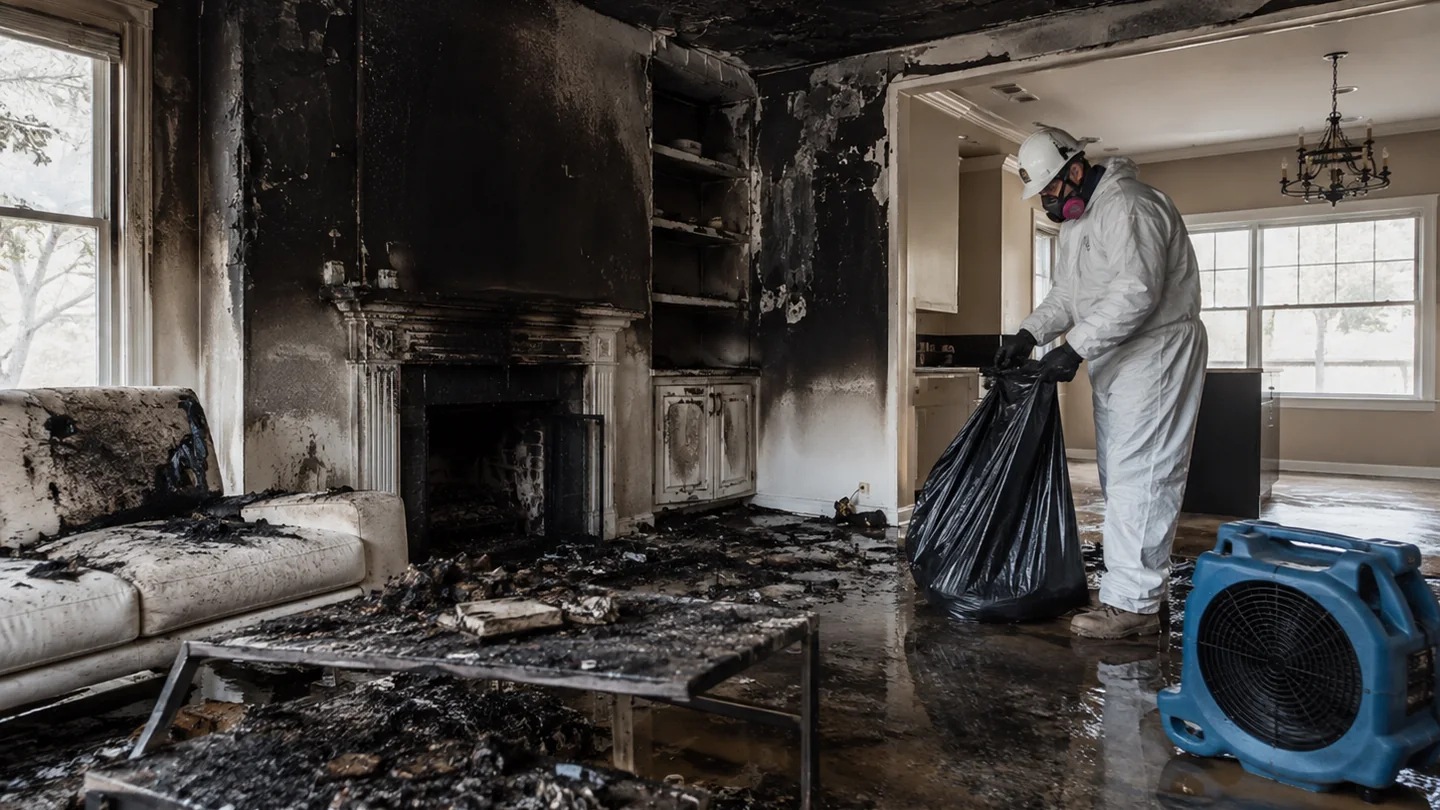 Protective restoration technician removing fire-damaged debris from a home