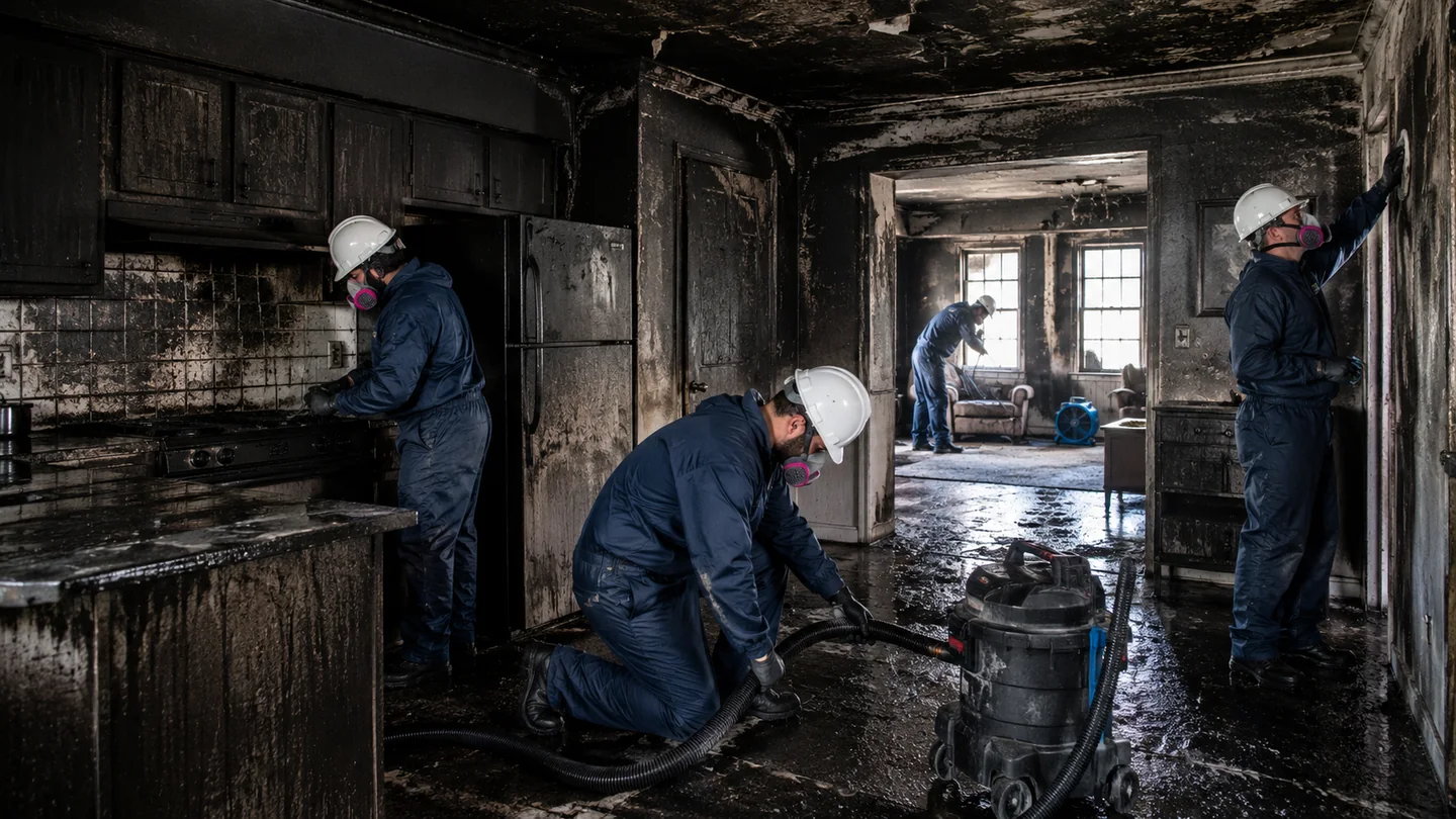 Restoration crew cleaning a residential interior after fire and smoke damage
