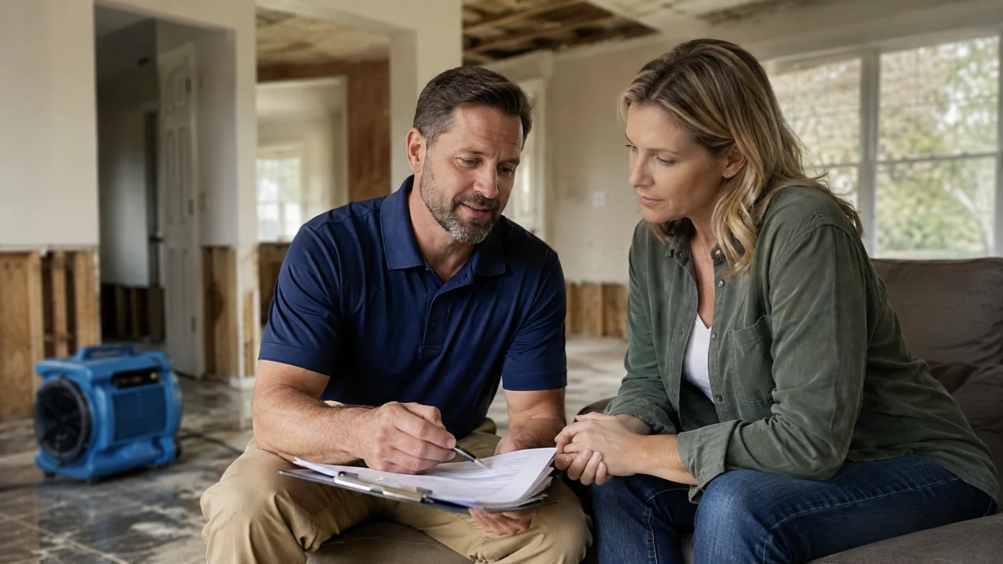 Restoration professional reviewing documentation and repair planning with a homeowner