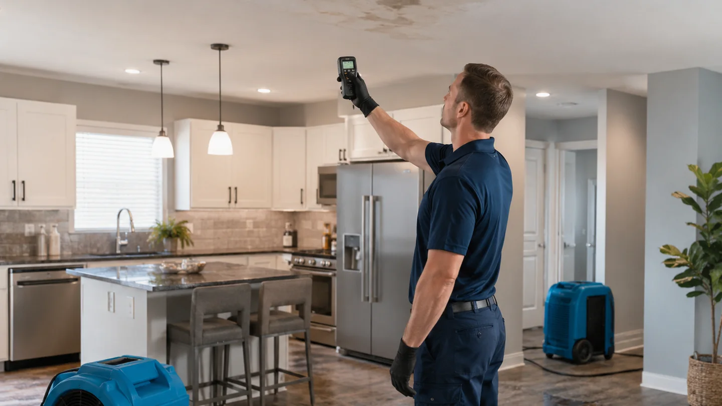 Restoration technician measuring moisture after water damage in a home