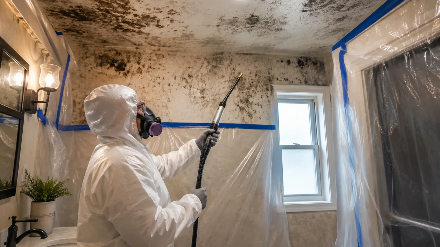 Mold remediation technician removing contaminated drywall inside containment