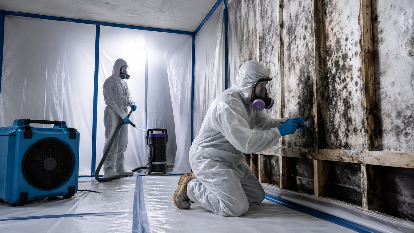 Mold remediation technicians working inside a controlled containment area