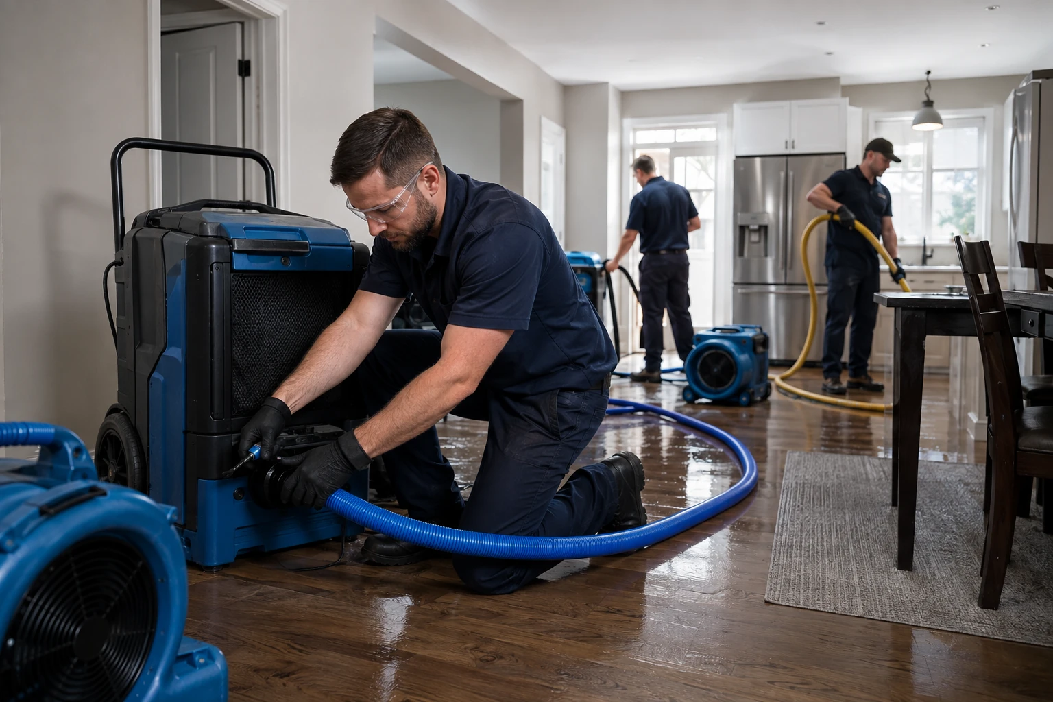 Professional water extraction and structural drying in a flooded residential lower level